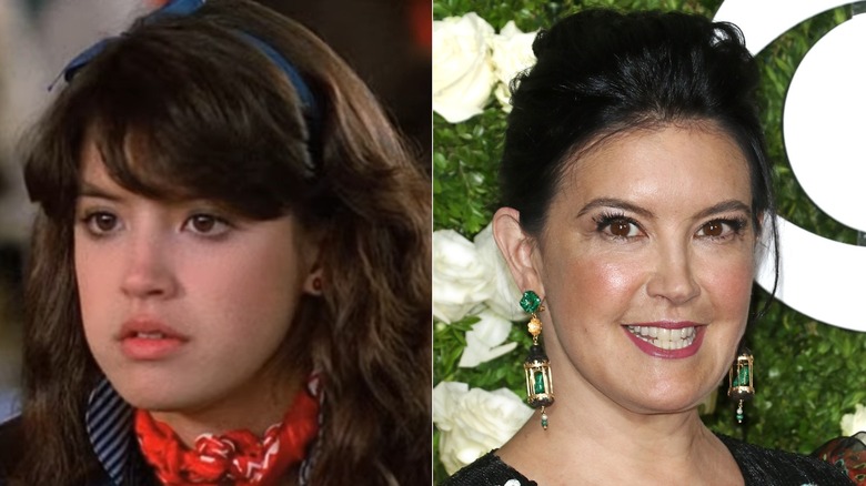 Imagen dividida de Phoebe Cates como Linda Barrett en Fast Times en Ridgemont High a la izquierda y en los premios Tony 2017 en Radio City Music Hall a la derecha.