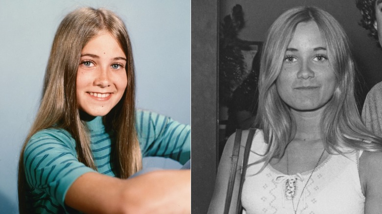 Maureen McCormick con una camisa a rayas verde azulado en 1972 / Maureen McCormick con una camiseta sin mangas en 1972