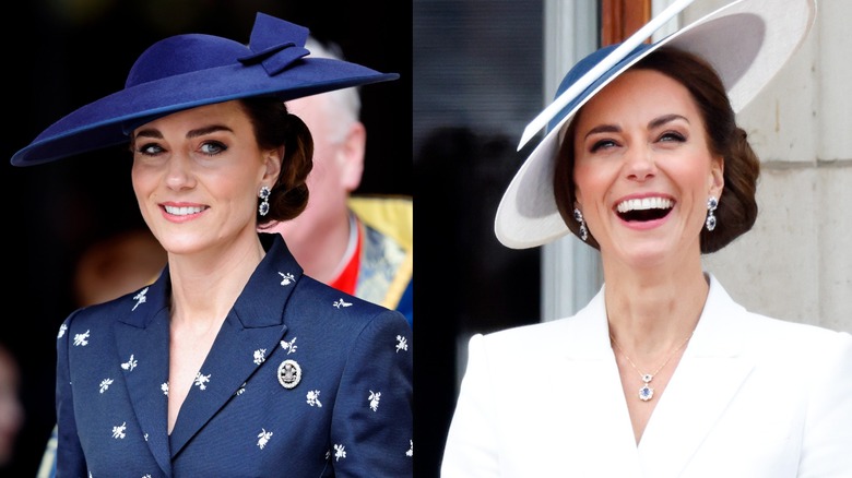 Imagen de lado a lado de Kate Middleton con un traje azul marino y un sombrero con aretes de zafiro a la izquierda y con un traje blanco y un sombrero con aretes de zafiro a la derecha.