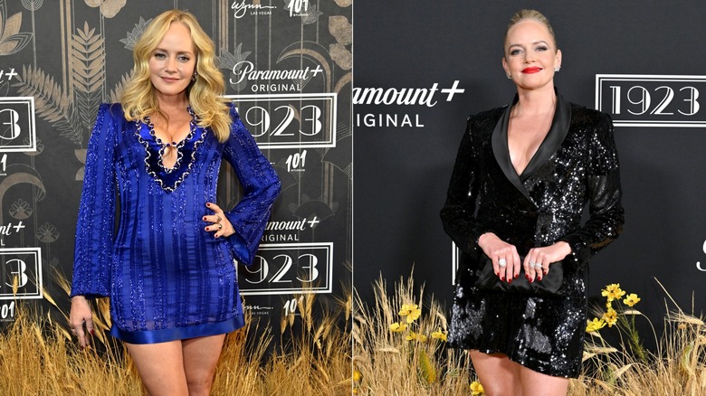 Fotos una al lado de la otra de Marley Shelton con un vestido azul brillante con el cabello ondulado a la izquierda y un minivestido negro brillante con labios rojos a la derecha.