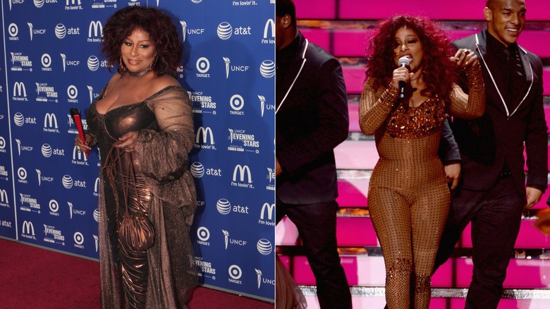 Chaka Khan sonríe con un vestido bronce / Chaka Khan canta con un mono marrón