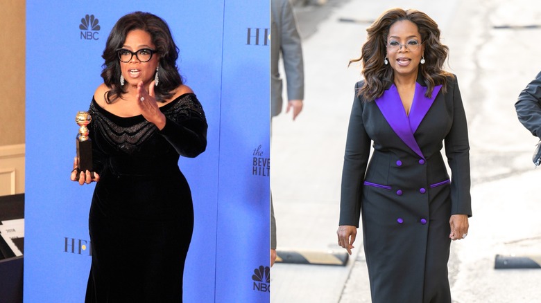 Oprah Winfrey con vestido negro / Oprah Winfrey pasea con blazer negro y morado