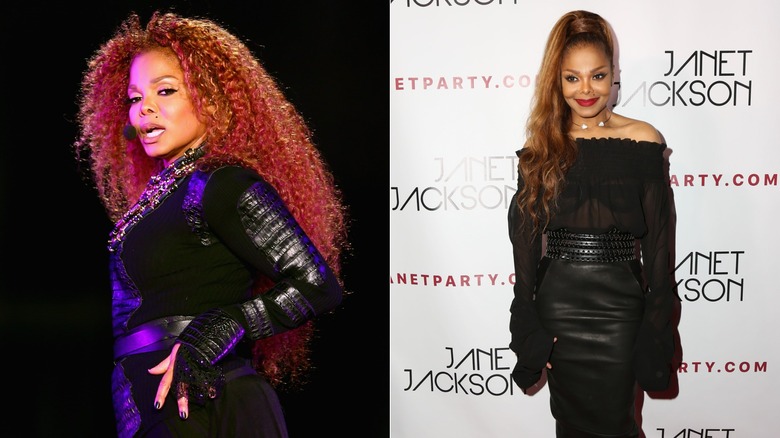 Janet Jackson posa con la mano en la cadera / Janet Jackson sonríe usando lápiz labial rojo