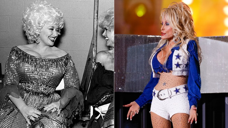 Dolly Parton con un vestido brillante / Dolly Parton posa con una camisa azul y micro shorts blancos