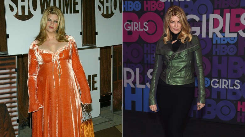 Kirstie Alley sonríe con un vestido naranja / Kirstie Alley posando con una chaqueta verde