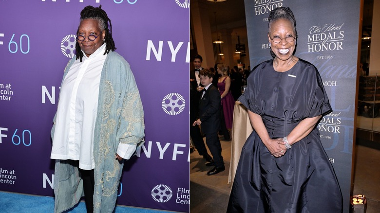 Whoopi Goldberg posa con camisa blanca / Whoopi Goldberg sonríe con vestido negro
