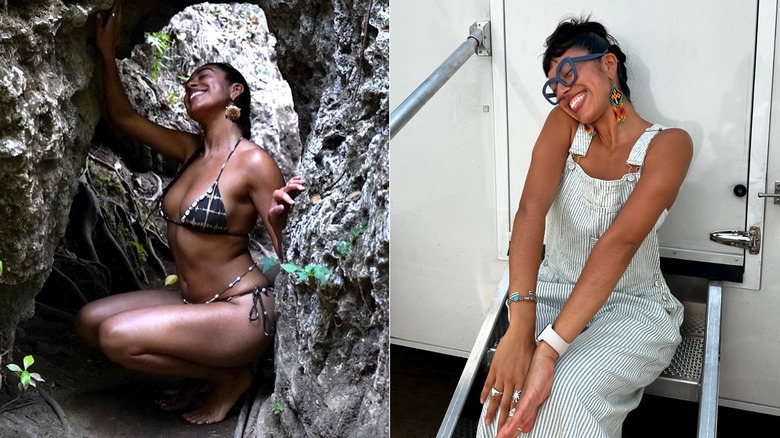 Fotos lado a lado de Aminah Nieves posando en bikini a la izquierda y con un mono a la derecha.
