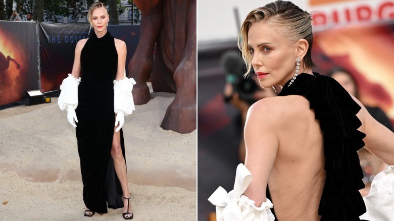 Charlize Theron con un vestido negro de Givenchy y cabello peinado en el estreno mundial de La Odisea