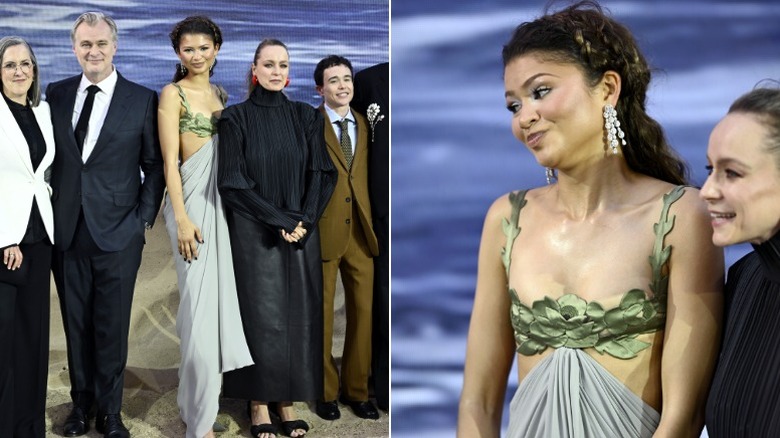 Lado a lado: (I) Zendaya con el elenco y el equipo en la alfombra blanca de The Odyssey, (R) Zendaya en primer plano del evento