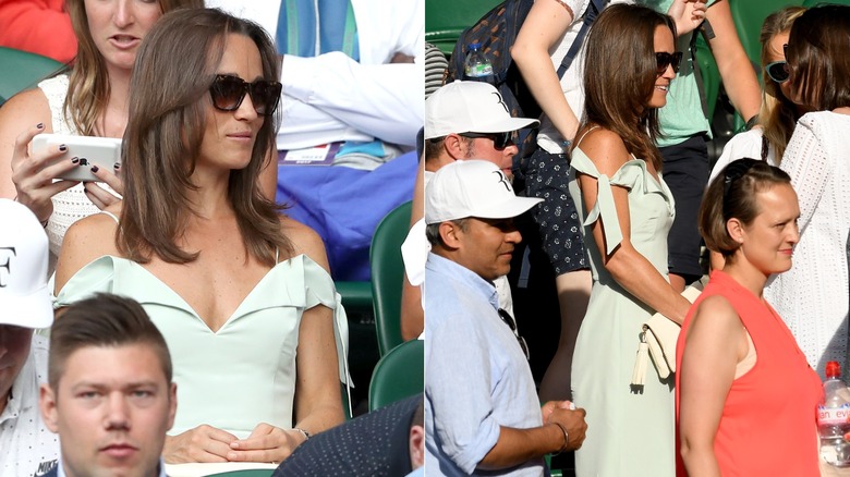 Pippa Middleton con un vestido verde claro con hombros descubiertos y gafas de sol en Wimbledon en 2017.