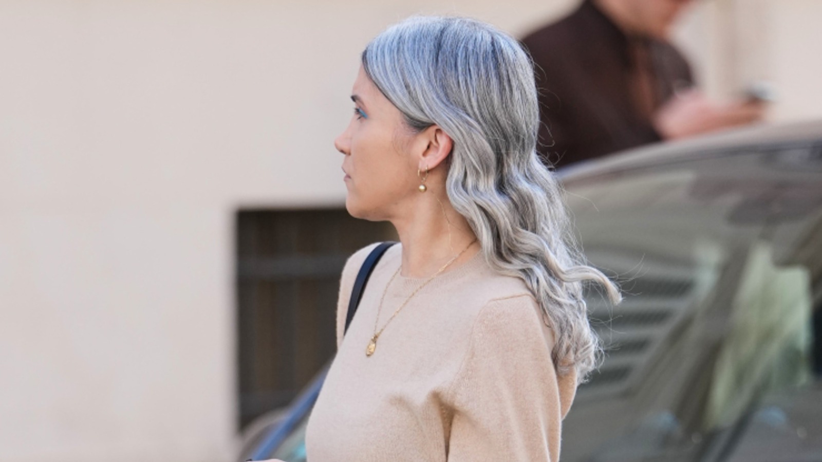 Este look de los 70 es una de las tendencias de cabello gris más anticuadas
