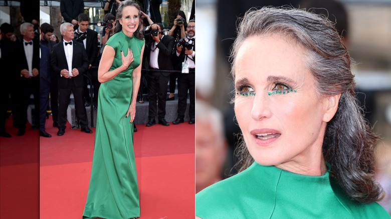 Imagen dividida de Andie MacDowell con un vestido verde con adornos de joyas verdes debajo de los ojos en el Festival de Cine de Cannes en 2022.