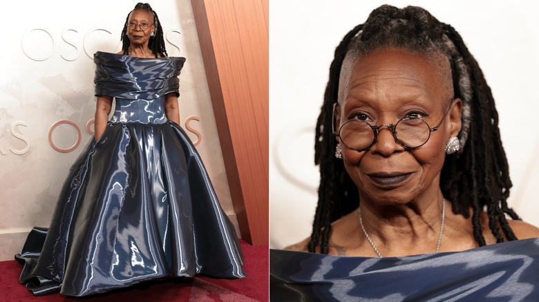 Imagen dividida de Whoopi Goldberg con un brillante vestido de alfombra roja en los Premios de la Academia en 2025.