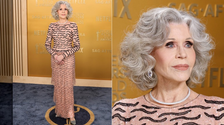 Imagen dividida de Jane Fonda con un vestido rosa y negro brillante en los Screen Actors Guild Awards 2025.