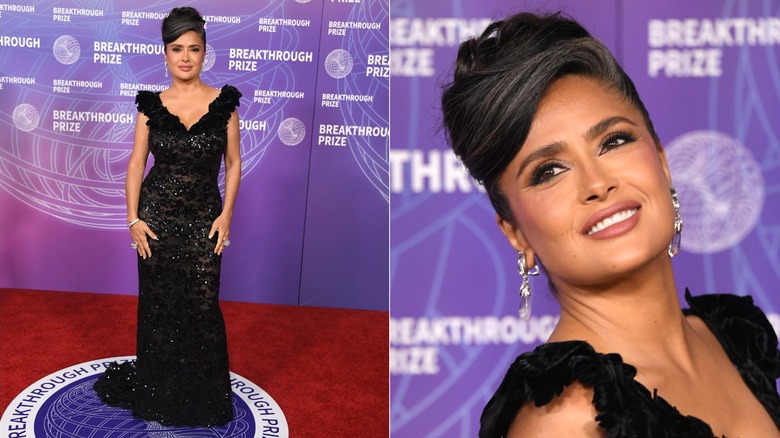 Imagen dividida de Salma Hayek con un vestido negro brillante en la ceremonia del Premio Breakthrough en 2026.
