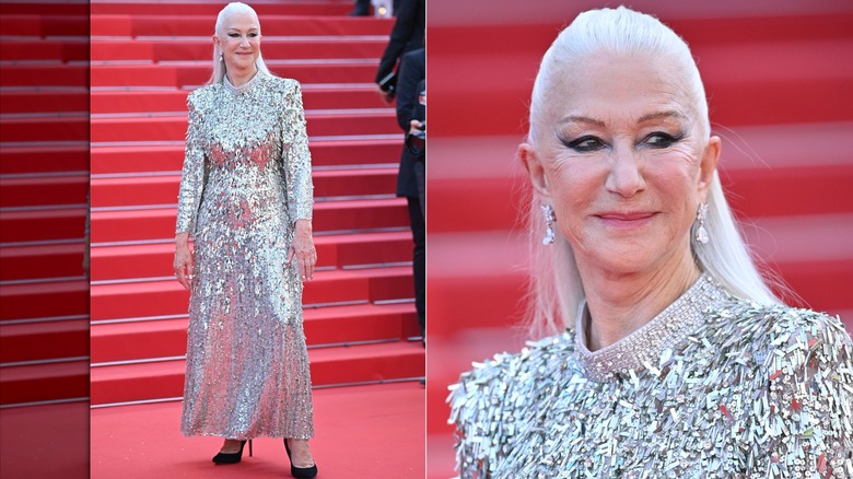 Imagen dividida de Helen Mirren con un vestido plateado brillante y el cabello recogido en el Festival de Cine de Cannes en 2022.