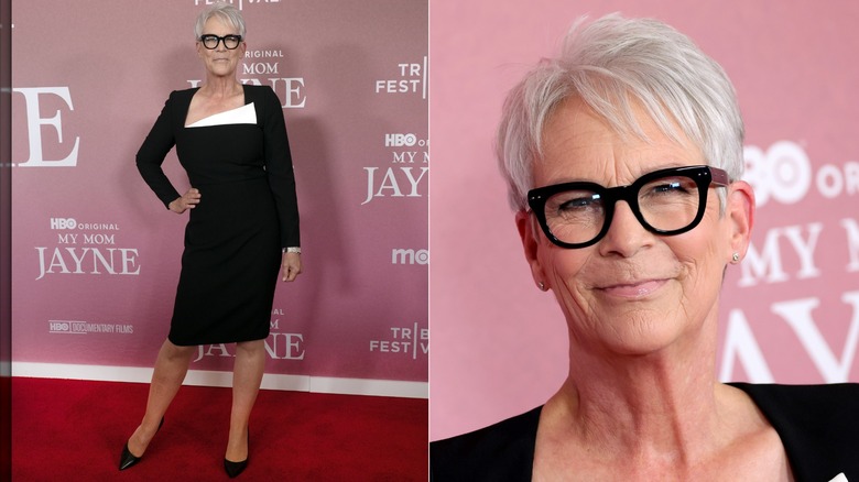 Imagen dividida de Jamie Lee Curtis con un vestido negro con detalles en blanco en el Festival de Tribeca en 2025.