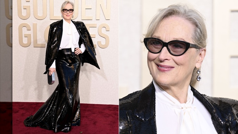 Imagen dividida de Meryl Streep luciendo falda y chaqueta de lentejuelas negras con blusa blanca y gafas de sol en los Globos de Oro de 2024.