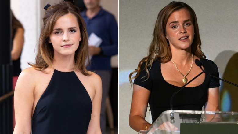 Emma Watson con el pelo hasta los hombros en 2024 y Emma Watson con el pelo largo en 2026.
