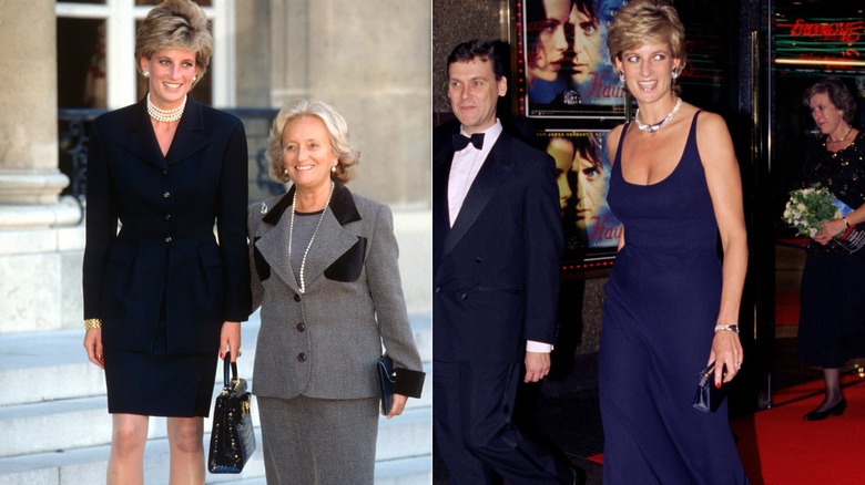 Lado a lado: la princesa Diana con un traje de falda negro (L) y un vestido largo azul marino (R)