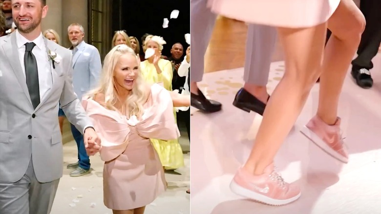 Kristin Chenoweth con un vestido de cóctel rosa y zapatillas de deporte en la recepción de su boda