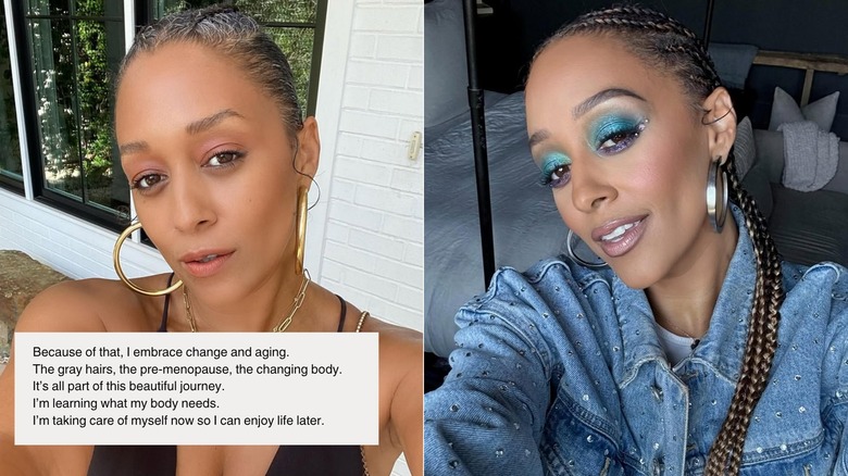Tia Mowry tomándose selfies, con el lado izquierdo mostrándola con el cabello largo teñido de dorado y el derecho mostrándola con el cabello gris recogido hacia atrás.
