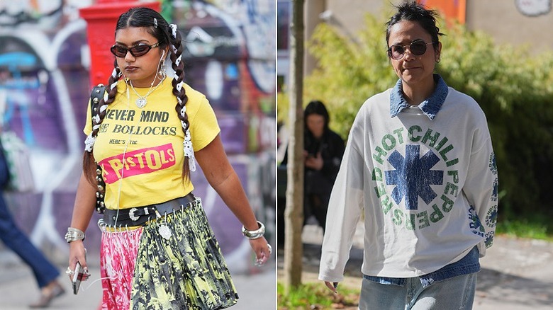 Una mujer con una camiseta de la banda y otra con una sudadera de la banda.
