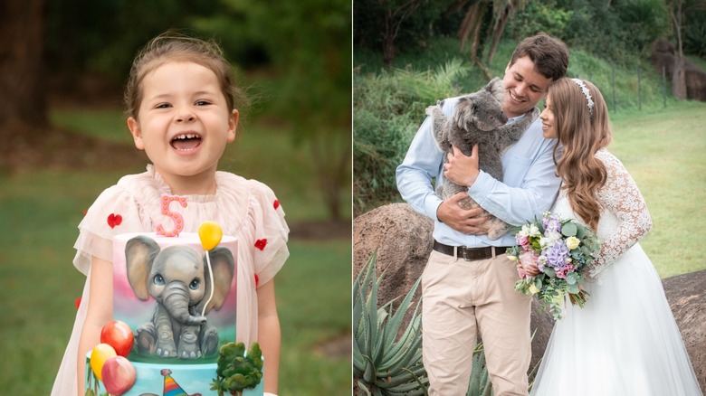 A la izquierda, Grace, la hija de Bindi Irwin, celebró su quinto cumpleaños con un pastel de elefante en marzo de 2026. A la derecha, Bindi Irwin y su esposo Chandler Powell abrazan a un koala en su boda en el zoológico de Australia en marzo de 2020.
