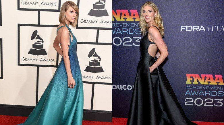 Lado a lado: (L) Taylor Swift usa un vestido verde en los Grammy 2015, (R) Kate Upton usa un vestido negro en la 37a edición anual de los Footwear News Achievement Awards en 2023