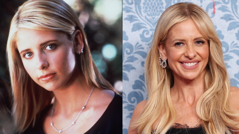 Sarah Michelle Gellar como Buffy, la cazavampiros a la izquierda y en 2026 en un evento de alfombra roja a la derecha.