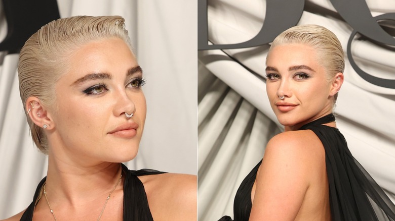 Lado a lado: Florence Pugh con un duendecillo peinado hacia atrás en dos ángulos