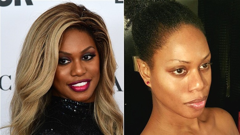 Laverne Cox en un evento de alfombra roja a la izquierda y posando para una foto para una selfie en Instagram a la derecha.