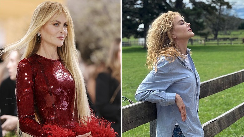 Nicole Kidman con un vestido rojo brillante en un evento a la izquierda y apoyada en una valla en un rancho a la derecha.