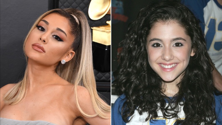 Ariana Grande posa con la cabeza inclinada en un evento a la izquierda y sonriendo en una foto con cabello oscuro y rizado a la derecha.