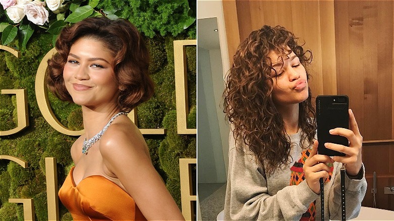 Zendaya posa en un evento con un vestido naranja a la izquierda y posa para una selfie en el espejo con el pelo rizado a la derecha.