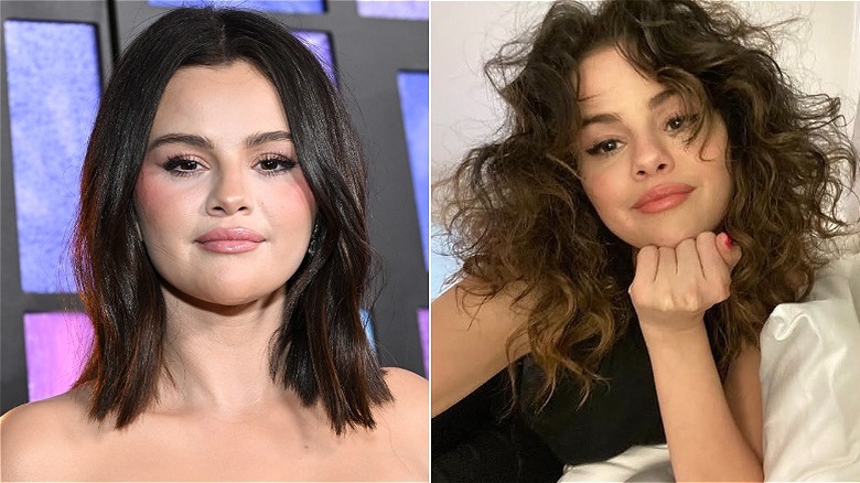 Selena Gomez posando en un evento con cabello lacio a la izquierda y con cabello rizado posando en la cama para una selfie a la derecha.