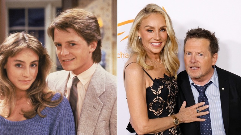 Tracy Pollan con michael j. Fox en 1985 y la pareja en noviembre de 2026 en un evento de Parkinson.