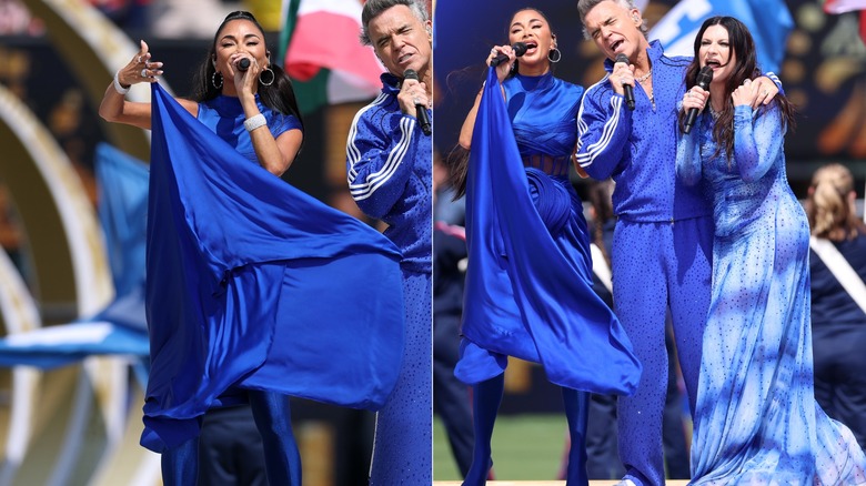 Imagen dividida en dos de Nicole Scherzinger en la final de la Copa Mundial de la FIFA 2026 cantando con Robbie Williams y Laura Pausini