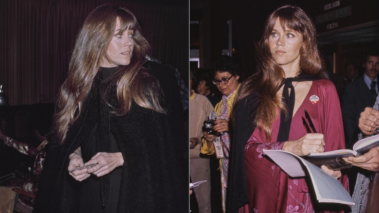 Jane Fonda fotografiada mirando hacia un lado con un traje negro a la izquierda y un vestido rojo firmando un libro a la derecha.