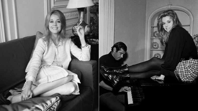 Jane Fonda fotografiada en los años 60, fumando un cigarrillo en un sofá a la izquierda y posando en un piano a la derecha.