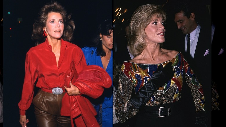 Jane Fonda con una blusa roja y pantalones de cuero marrón a la izquierda y un top brillante a la derecha.