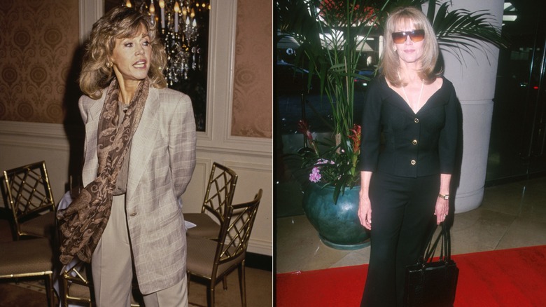 Jane Fonda con un traje inspirado en la moda masculina a la izquierda y con un traje completamente negro y gafas de sol a la derecha.