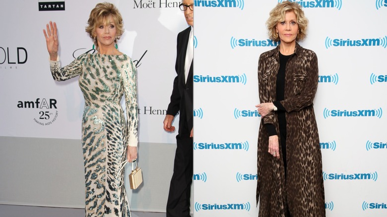Jane Fonda con un vestido blanco con estampado animal saludando en un evento a la izquierda y con un traje marrón con estampado animal a la derecha.