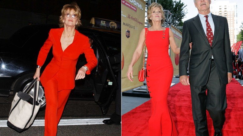 Jane Fonda con un traje rojo y un bolso de mano a la izquierda y con un vestido rojo en un evento de alfombra roja a la derecha.