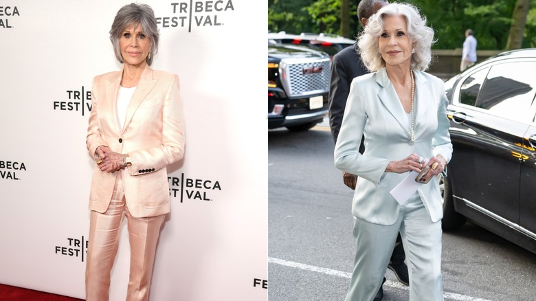 Jane Fonda con un traje pantalón color melocotón en un evento a la izquierda, y con un traje pantalón plateado y cabello gris rizado a la derecha.