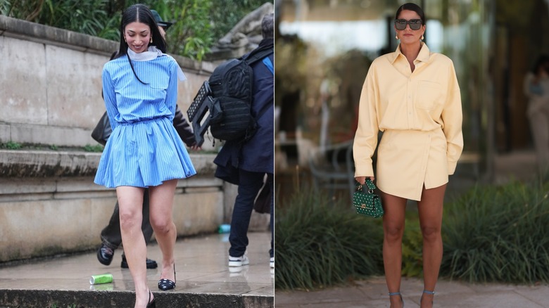Una mujer con un conjunto a rayas y una mujer con una camisa amarilla y una minifalda cruzada.
