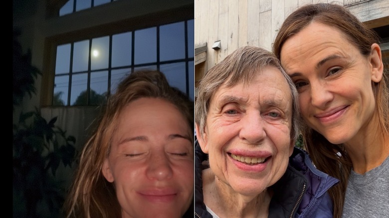 Fotos una al lado de la otra de Jennifer Garner sonriendo y posando para selfies sin maquillaje.