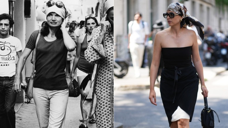 Imagen de la izquierda: Jackie Kennedy con un pañuelo en la cabeza durante un viaje al Mediterráneo en la década de 1970. Imagen de la derecha: una mujer con un pañuelo de seda y un vestido negro.