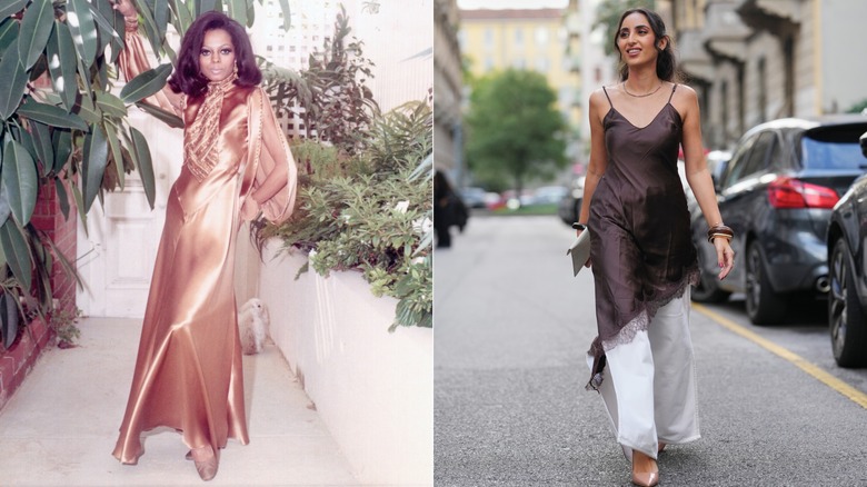 Imagen de la izquierda: Diana Ross con un vestido de satén naranja en la década de 1970. Imagen de la derecha: una mujer con un vestido lencero dorado.
