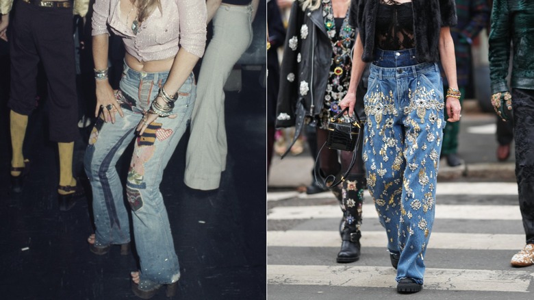 Imagen de la izquierda: Dos mujeres bailan en un club nocturno en los años 70; una de ellas lleva unos vaqueros cubiertos de parches multicolores. Imagen de la derecha: una mujer con jeans adornados con calcomanías doradas.
